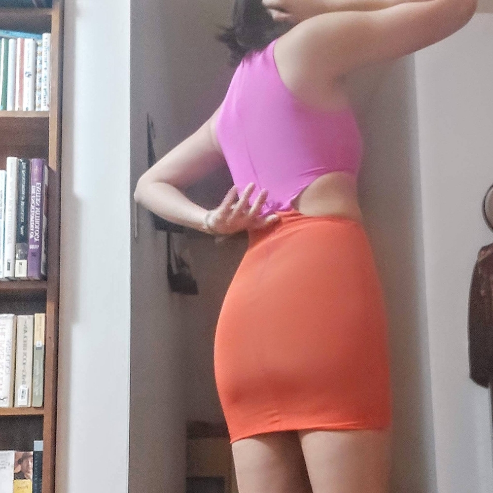 NAVEN 100% Silk Colorblock Cutout Bodycon Mini Dress in Pink & Orange - Size XS - Picture 4 of 7